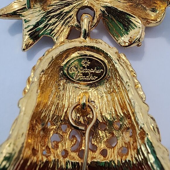 Vtg Christopher Radko Bell and Bow Christmas Brooch Goldtone Enamel Rhinestones - Picture 8 of 12